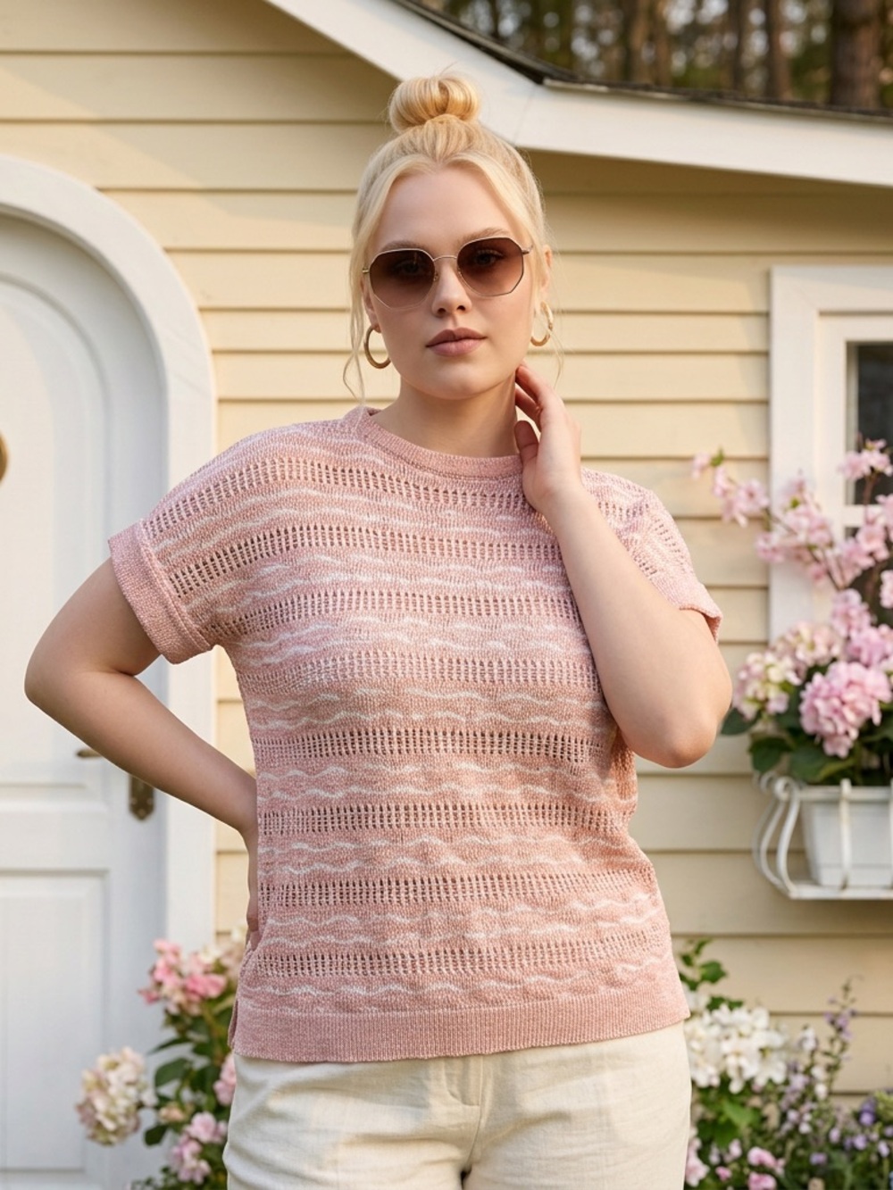 Bellina Openwork Knit Crewneck Sweater/Coastal/Cottagecore/Boho/Romantic/Classic